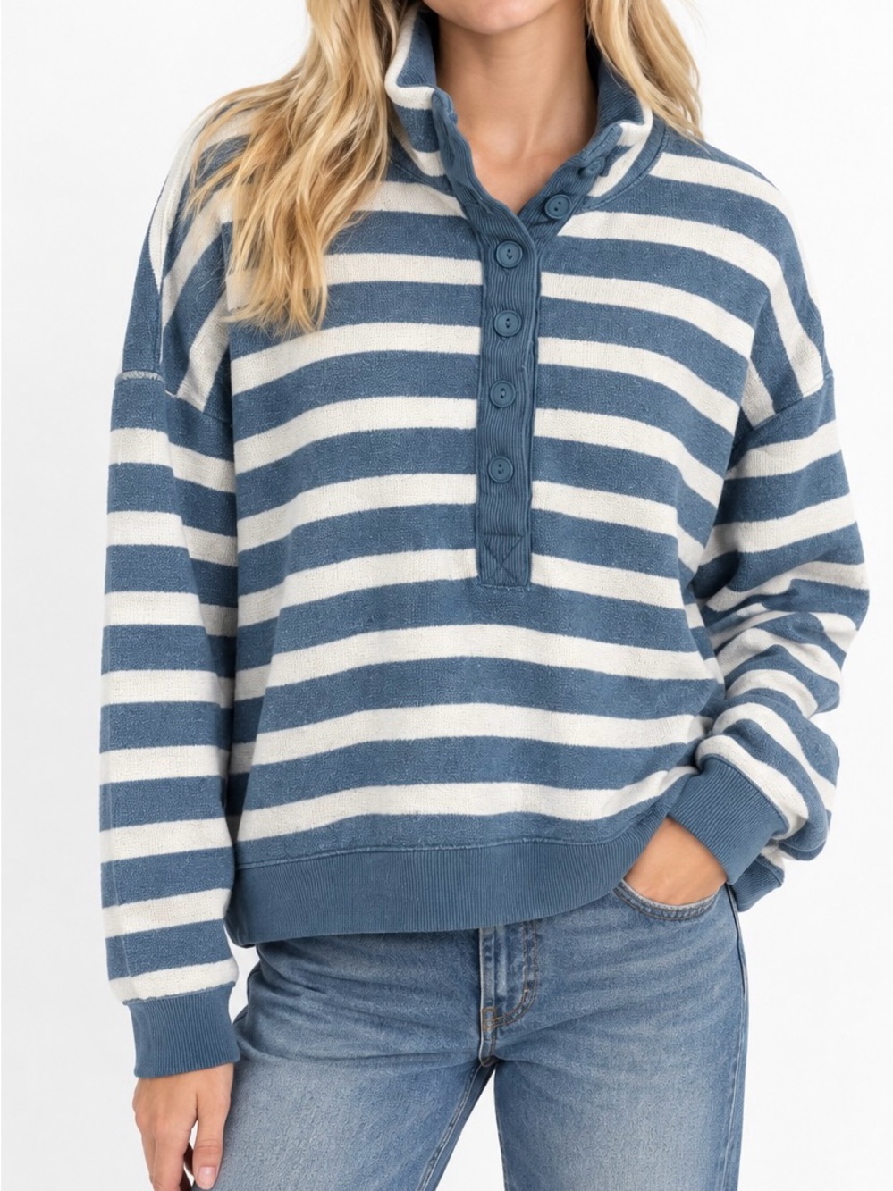 American Eagle Big Hug Fleece Henley Striped Sweatshirt XS Sporty Prep Coastal